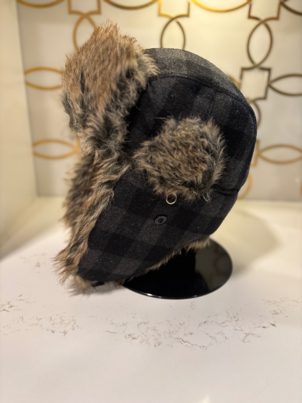 Wild Wear Men's Trapper Hat Black Grey Quilted Lining Plaid, Vegan Fur Ear Flaps
